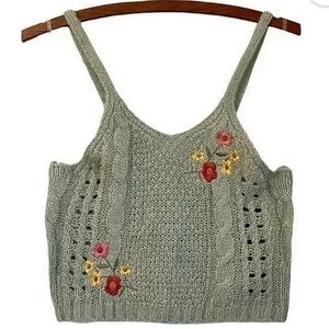 Crave Fame Womens Sage Green Open Knit Soft Embroidered Floral Crop Tank Top XS